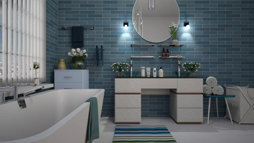 A Modern Full Bathroom with Blue Tile Walls